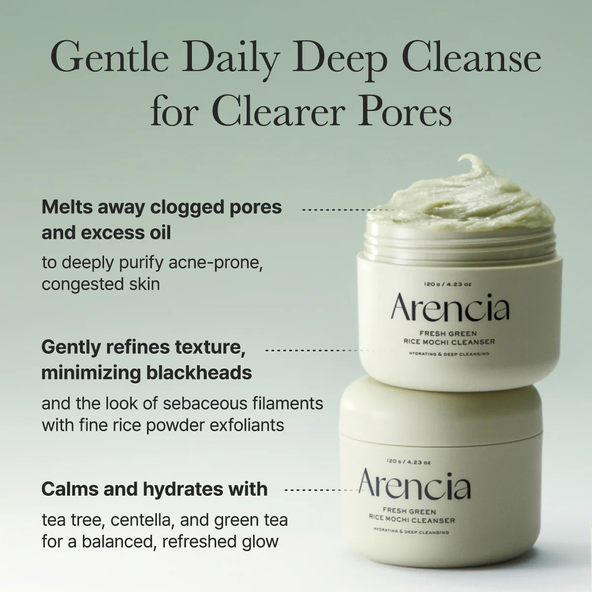Arencia Fresh Green Rice Mochi Cleanser, Gentle Daily Cleanser for Acne-Prone Skin, 1.76oz / 4.23oz